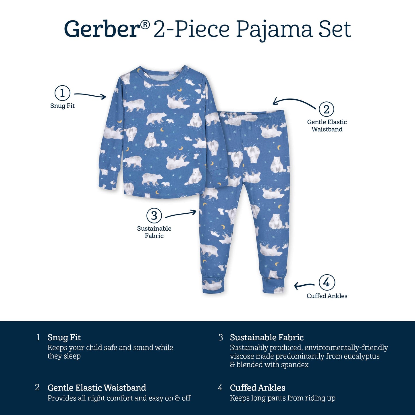 Gerber Unisex Baby Toddler Buttery Soft 2-Piece Snug Fit Pajamas With Viscose Made From Eucalyptus, Polar Bear, 18 Months