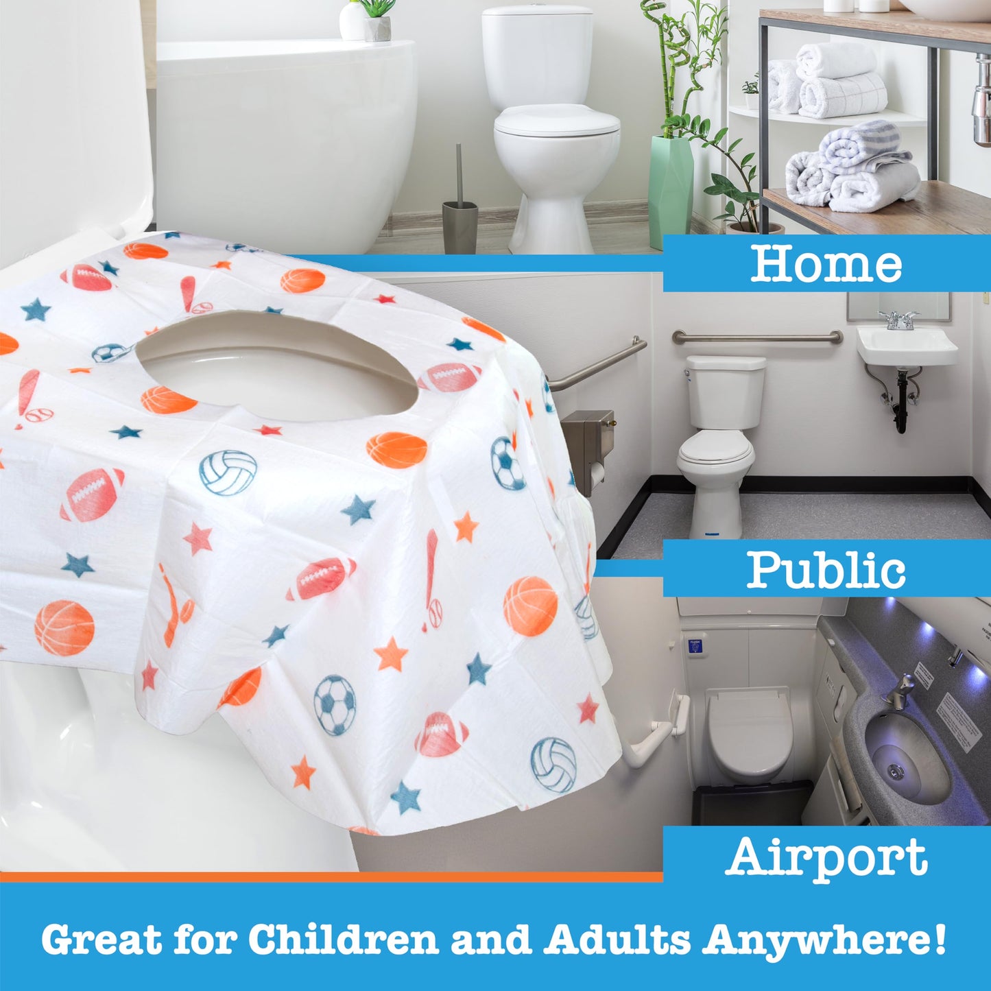 Potty Shields Toilet Seat Covers Disposable (12 Pack, Sports) - Xl Waterproof Toilet Cover For Toddlers, Kids & Adults - Portabl