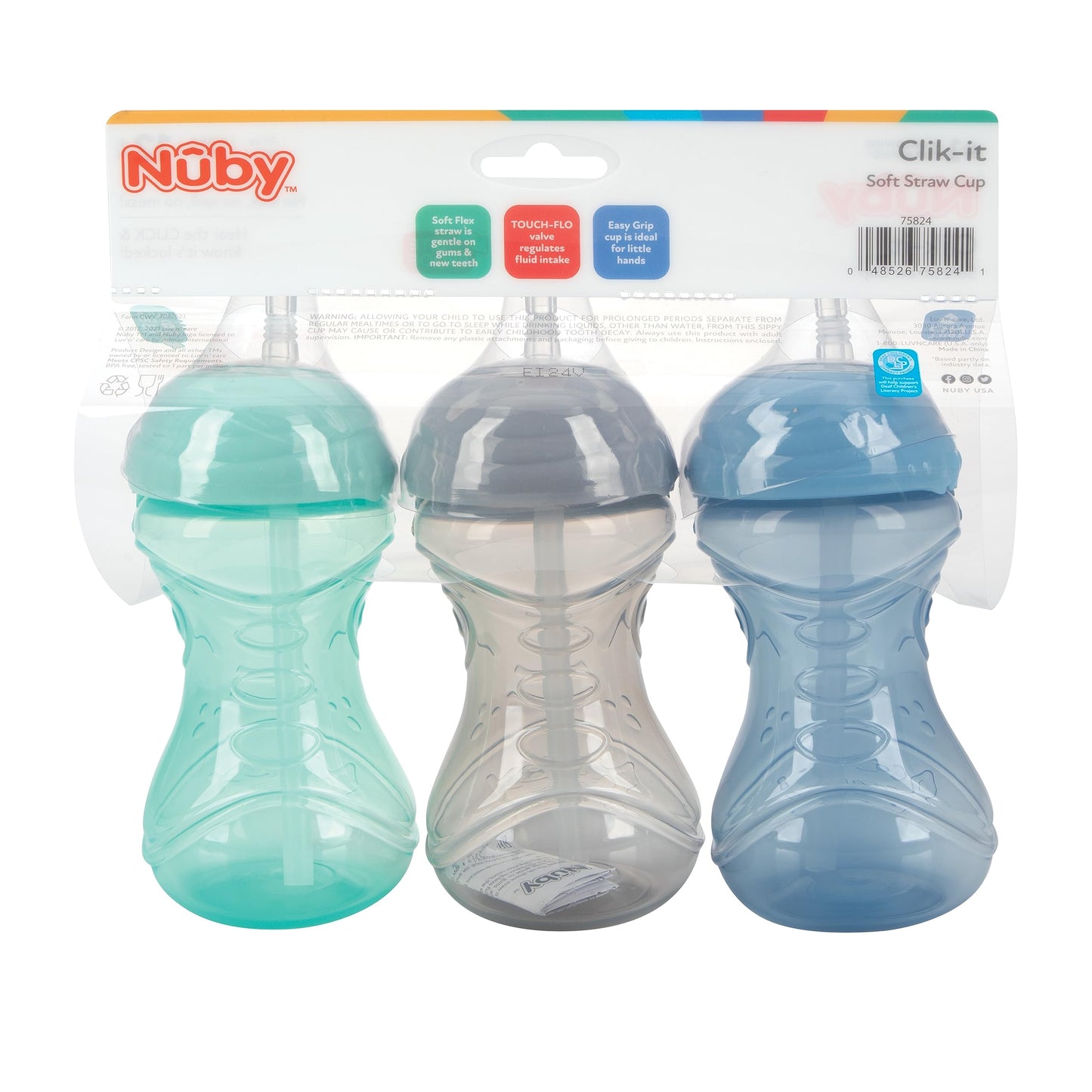 Nuby 3 Piece No-Spill Easy Grip Cup With Flex Straw, Clik It Lock Feature, Neutral, 10 Ounce