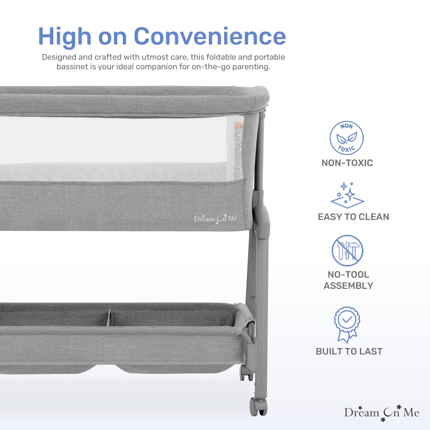 Dream On Me Calypso Portable Bassinet With Wheels In Grey, Quick & Easy Folding, Seven Adjustable Height, Machine Washable Fabri
