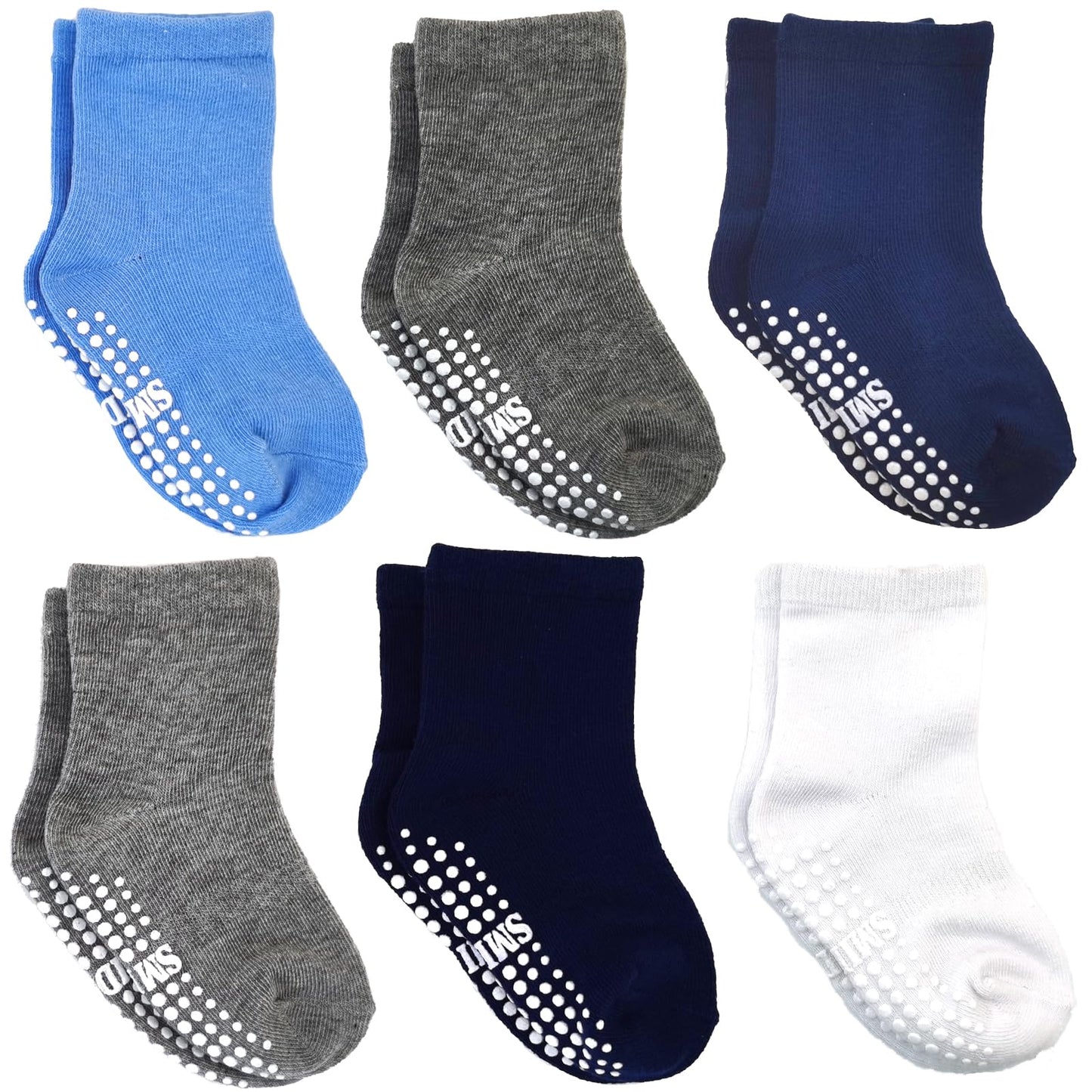 Smidlrg Toddler Grip Crew Socks With Grippers Boys Girls Kids 1-3/3-5/5-7T 6 Pairs