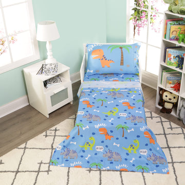 Everyday Kids 4 Piece Toddler Bedding Set - Roaring Dinosaurs - Includes Comforter, Flat Sheet, Fitted Sheet And Reversible Pill