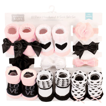 Hudson Baby Baby Girls' Headband And Socks Giftset, Pink Black Love 10-Pack, One Size