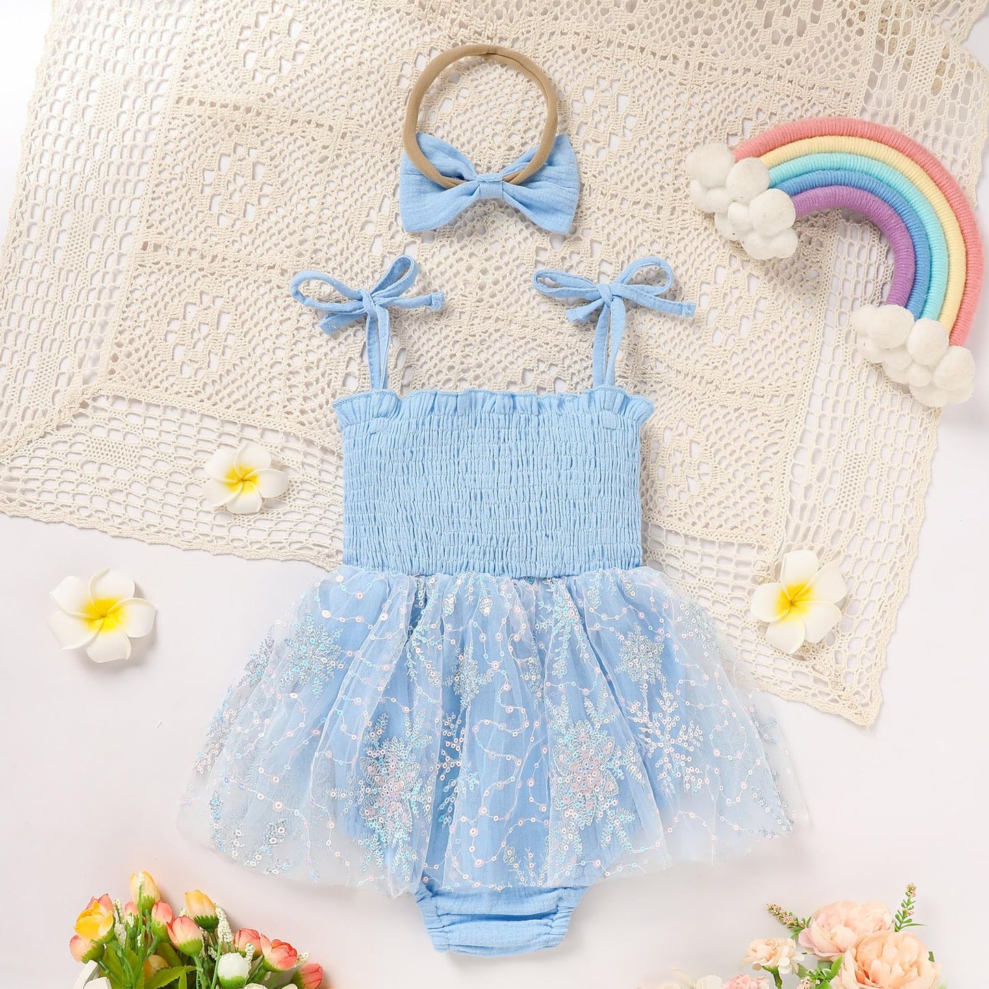 Titkkop Baby Girl 1St Birthday Clothes One Year Old Tulle Romper Sleeveless Bodysuit Cake Smash Outfits(Sky Blue,9-12M)