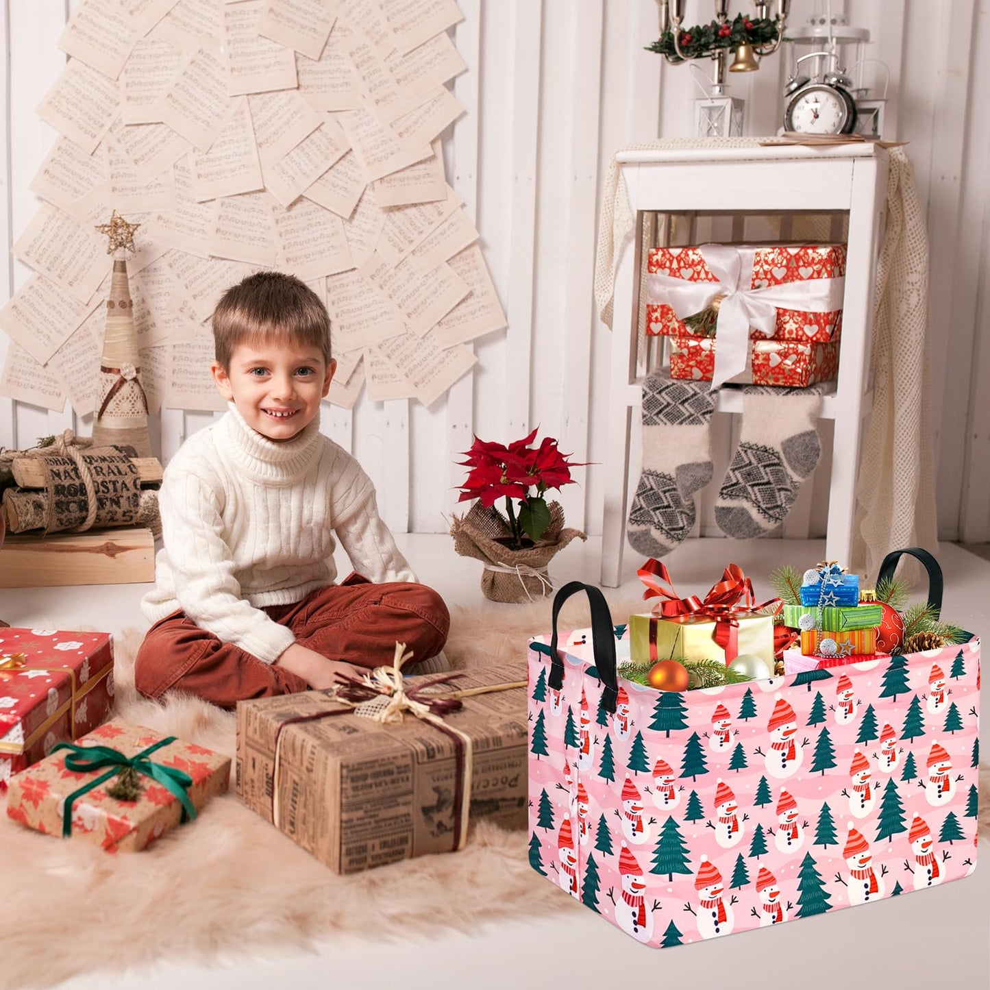 Maizmz Baby Storage Basket Cube Kids Hamper Pink Snowman Toys Organizer Bins Nursery Hamper Waterproof Basket For Clothes Book S