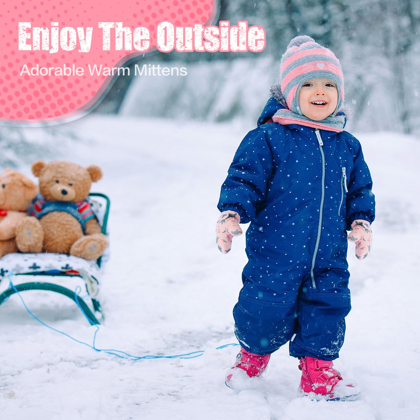 Fynnsure Toddler Mittens - Baby Waterproof Snow Gloves For Boys & Girls, Pink Dinosaur, 1-2 Years