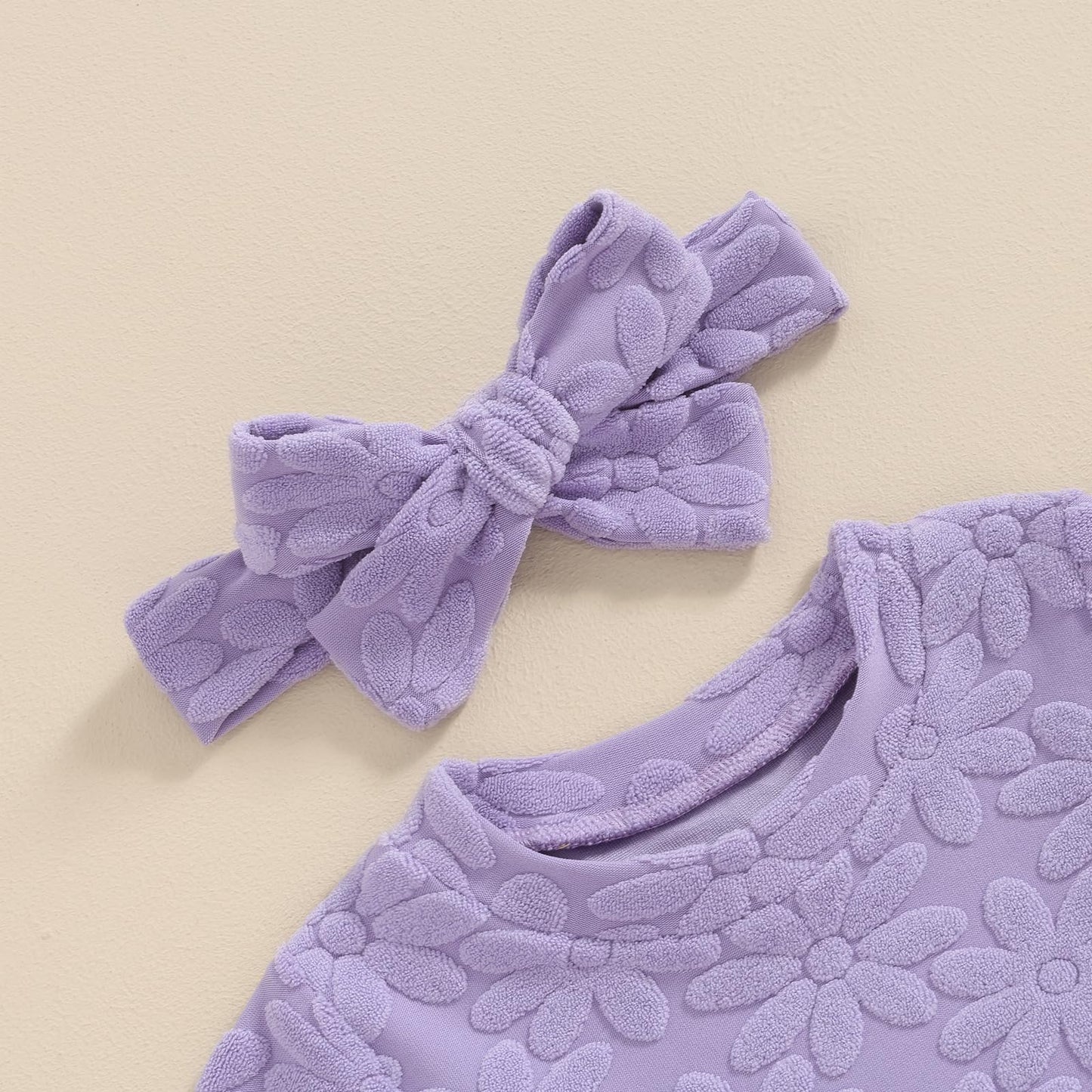 Toddler Baby Girls Daisy Chenille Patch Outfit Short Sleeve T-Shirt Shorts Headband 3Pcs Summer Clothes Set (Purple, 0-6 Months)