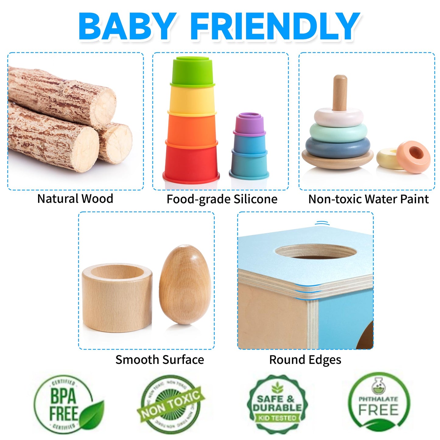 WOODMAM Montessori Toys for Babies 6-12 Months, 9 in 1 Educational Wooden Toys Set, Includes Object Permanent Box, Stacking Cups