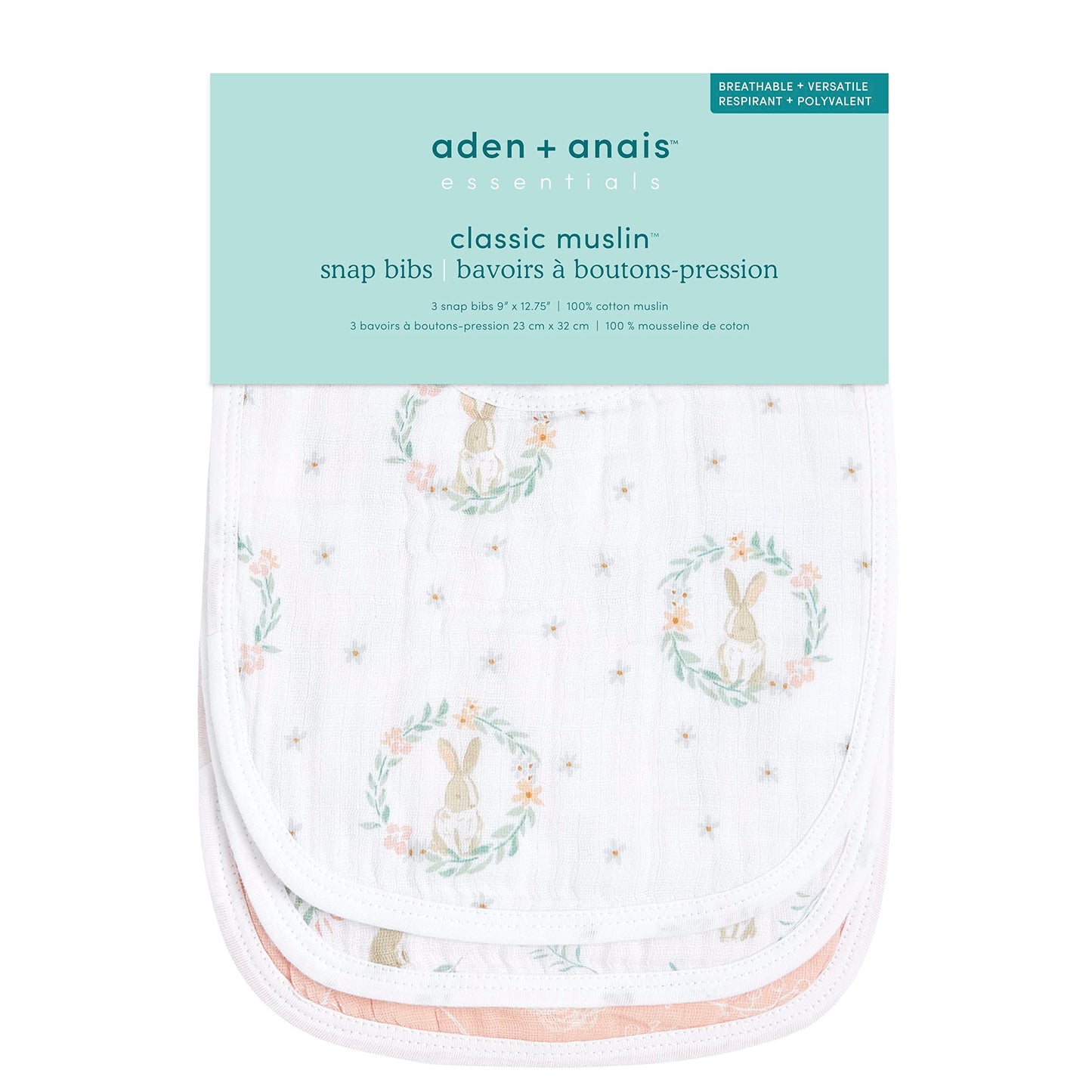 Aden + Anais Essentials Baby Bibs Soft & Absorbent 100% Muslin Cotton Adjustable Snap Bibs Set For Boys And Girls, 3 Pack, Blush