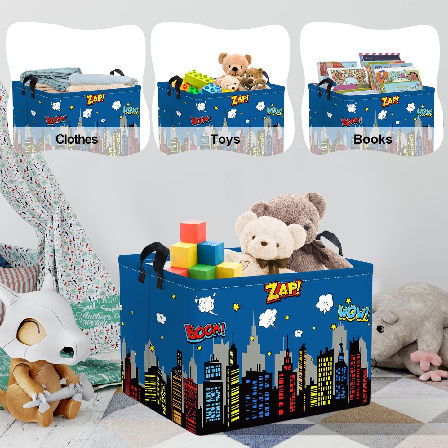 Clastyle 36L Large City Skyline Blue Book Shelf Basket Hero Comic Zap Wow Boom Gift Basket For Kids Room Nursery Rectangle Build