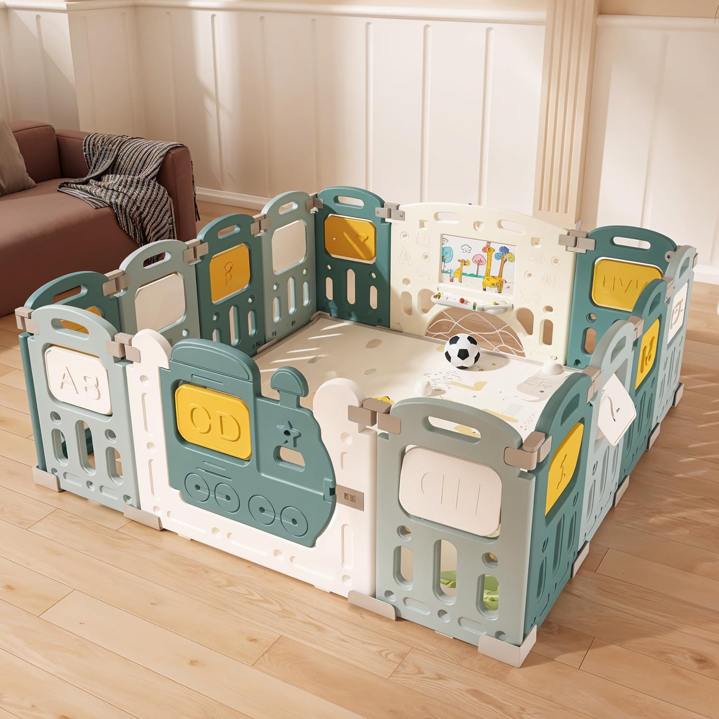 Baybee Train Kids Playpen For Babies | Foldable Baby Play Area Indoor Setup With Safety Lock, Writing Board & Double Knob | Port