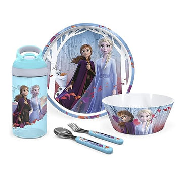 Zak! Disney Frozen 2 - 5-Piece Dinnerware Set - Durable Plastic & Stainless Steel - Includes Water Bottle, 8-Inch Plate, 6-Inch