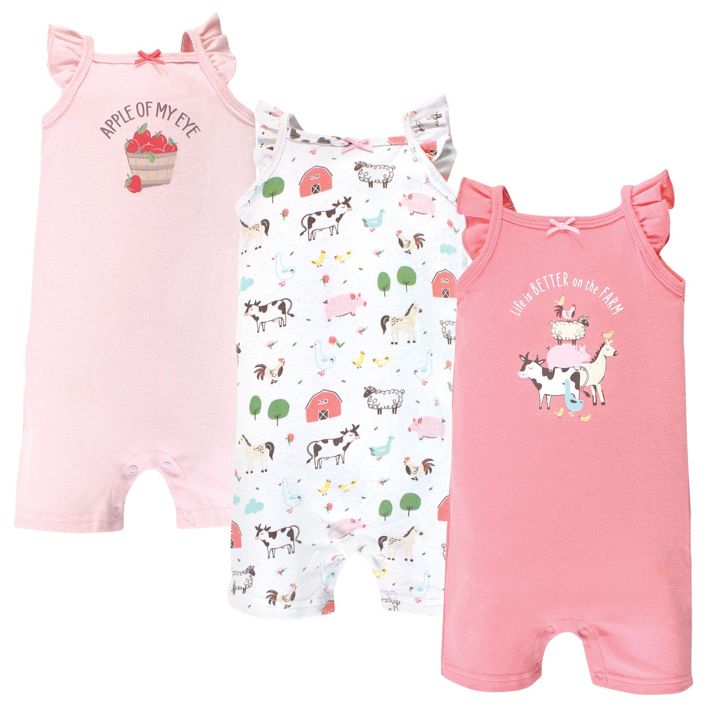 Hudson Baby Unisex Baby Cotton Rompers, Girl Farm Animals, 6-9 Months
