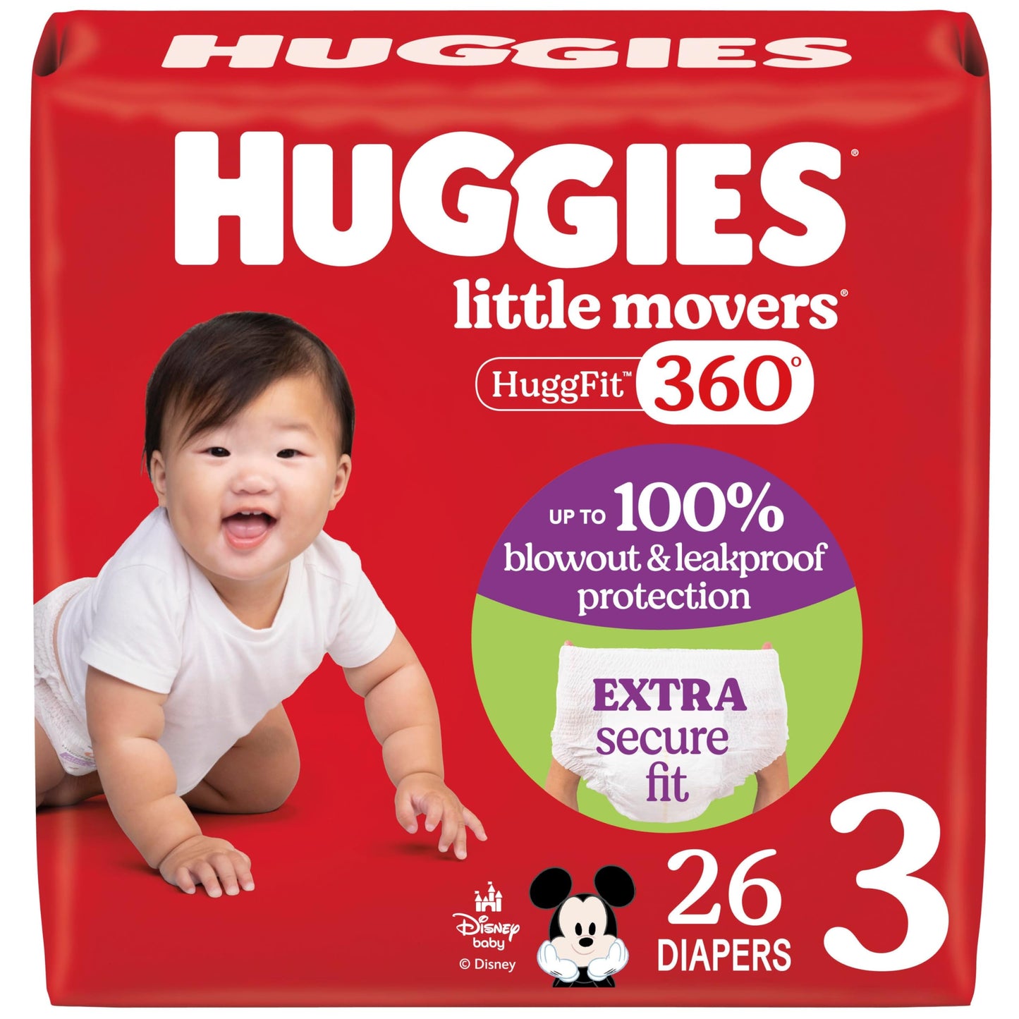 Huggies Size 3 Baby Diapers, Little Movers HuggFit 360 Baby Diapers with 360 Waistband, Size 3 (16-28 lbs), 26 Count, Packaging