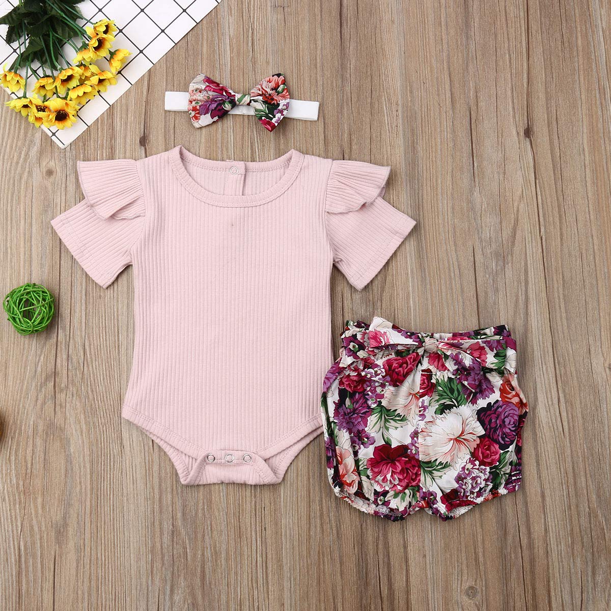 Newborn Baby Girls Cotton Short Sleeve Ruffle Bodysuit And Floral Shorts Headband Outfit Summer Clothes Set (3-6 Months, Pink+Pu