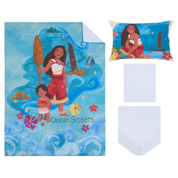 Nojo Disney Moana 2 Ocean Sisters 4 Piece Toddler Bed Set - Comforter, Fitted Bottom Sheet, Flat Top Sheet, Reversible Pillowcas