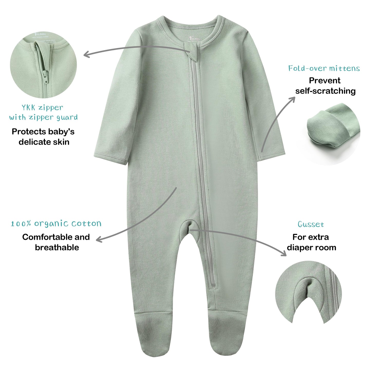 O2 Baby Baby Boys Girls Organic Cotton Zip Front Sleeper Pajamas, Footed Sleep 'N Play(Newborn, Sage)