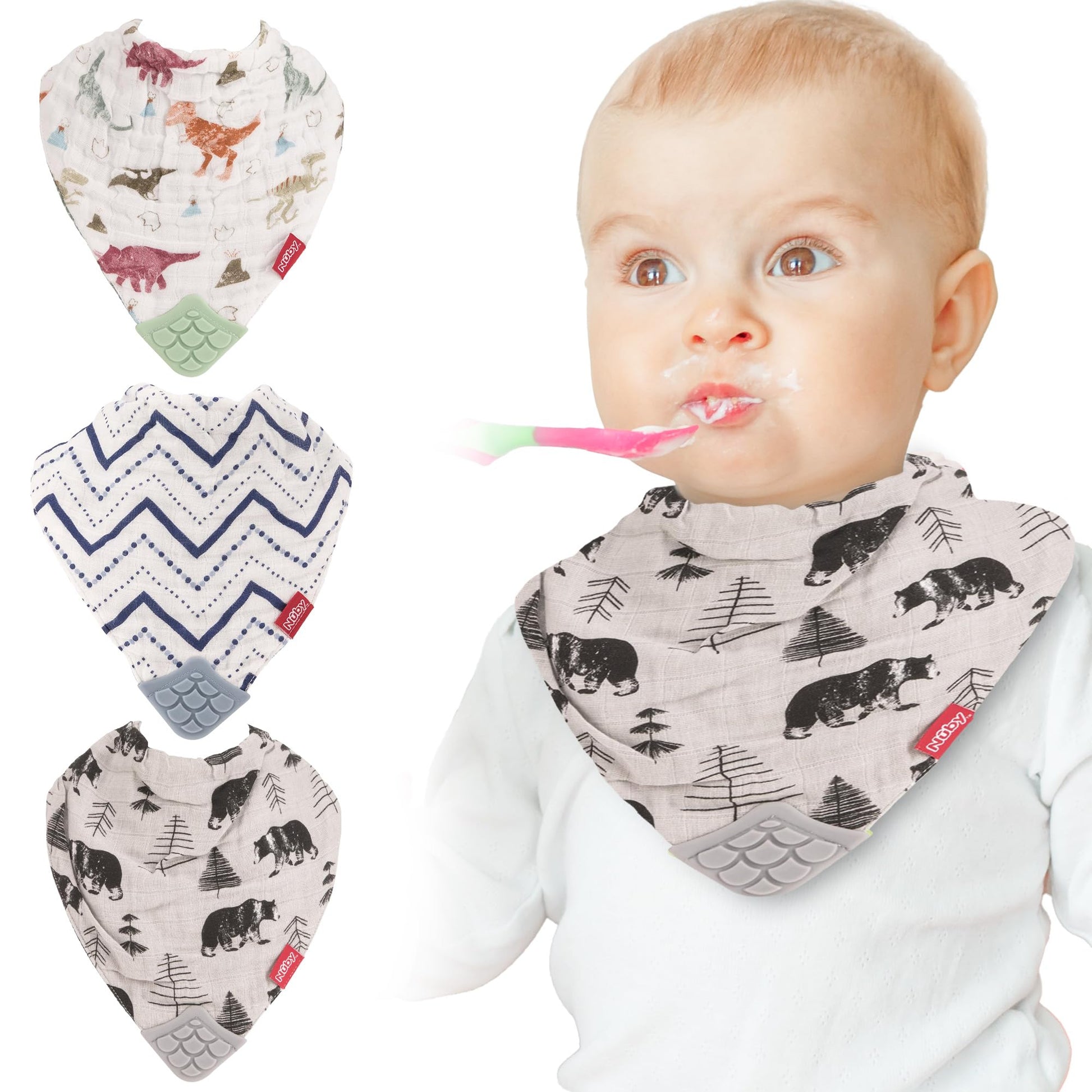 Nuby Baby Bibs - 3 Pc Muslin Bibs - Reversible 100% Natural Cotton Teething Bib - Baby Bibs For Girls And Boys, Baby Essentials