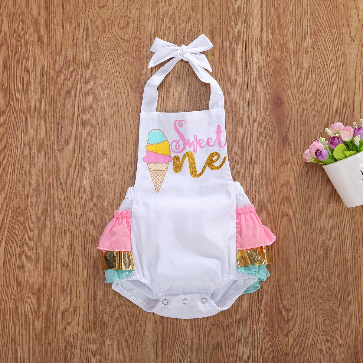 Cute Baby Girl First Birthday Outfit Halter Romper Ice Cream Cake Smash Bodysuit Sunsuit (A-White, 6-12 Months)