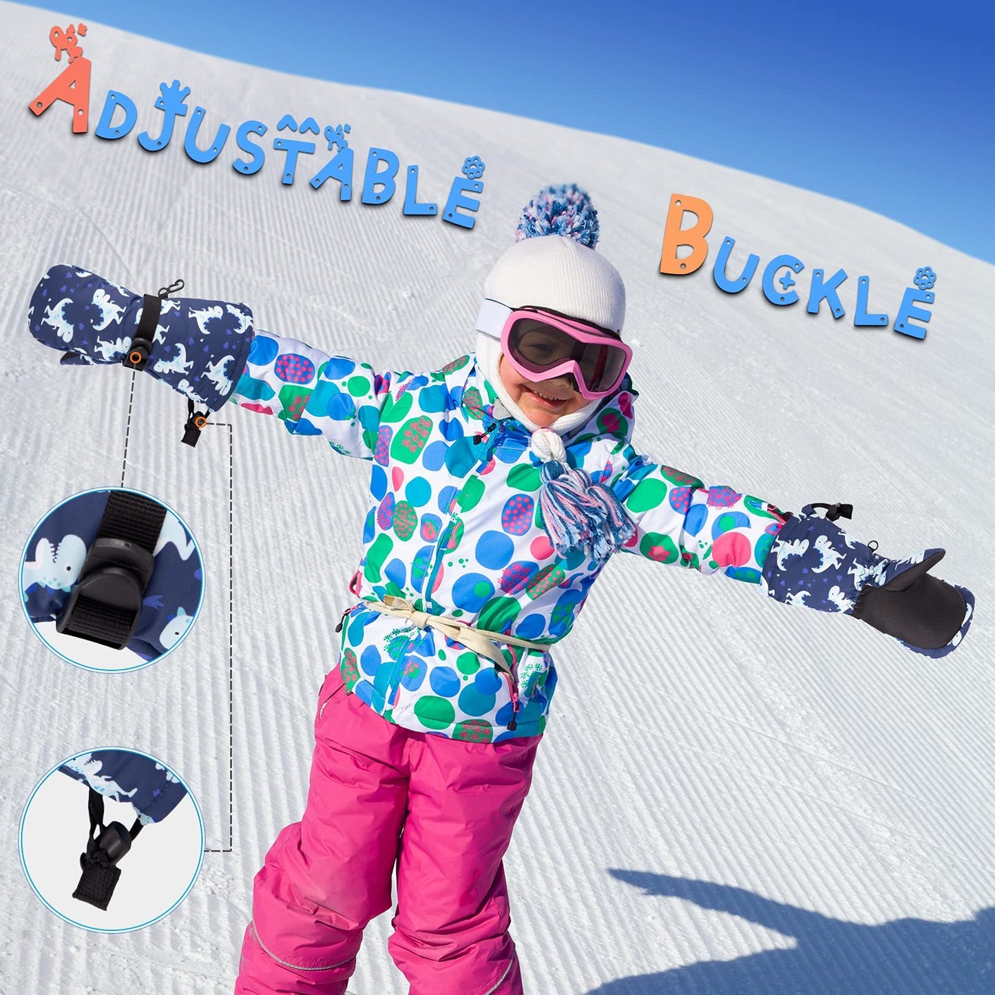 Winter Kids Waterproof Gloves For Boys Girls Snow Ski Toddler Baby Mittens Outdoor For Infant Teens 1-5T (N-Navy Dinosaur, M(2-4