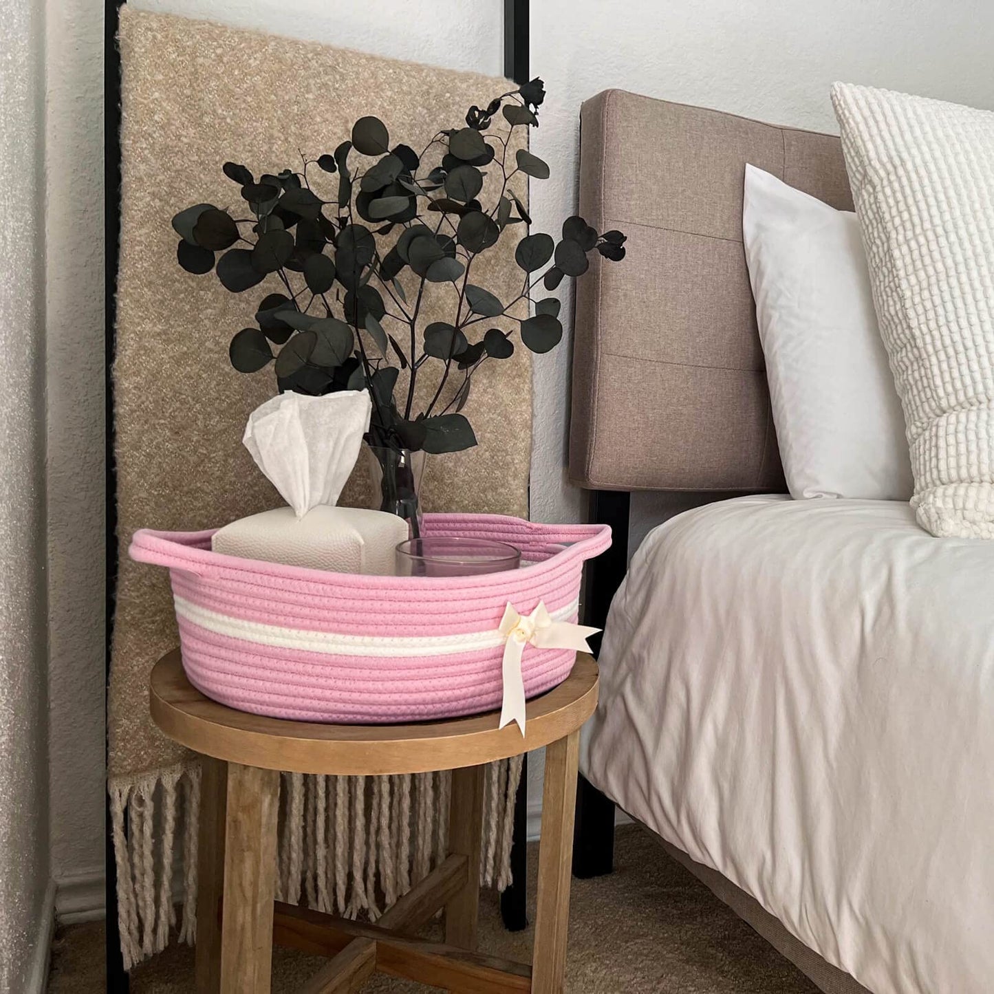 Chicvita Pink Baby Girl Gift Basket, Small Woven Rope Basket, Rectangle Shelf Basket For Bathroom, Cute Nursery Storage Basket F