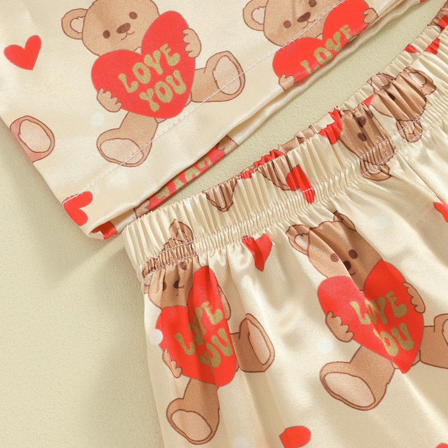 Qiylii Valentine'S Day Loved Bear Silk Pajamas Toddler Baby Girl Button-Up Pajamas 2-Piece Satin Pjs Sleepover Nightgown (5T Bea