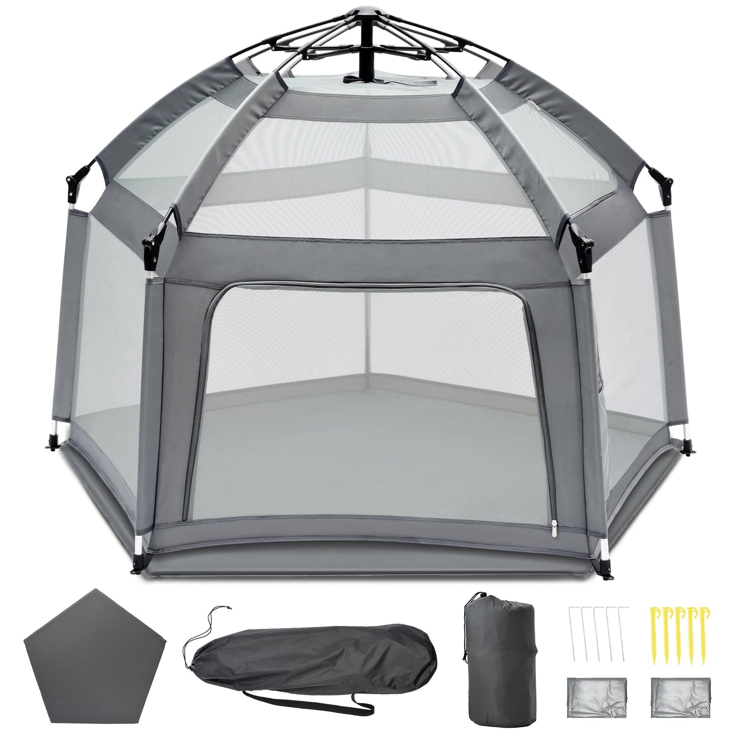 Baby Playpen with Self-Inflating Play Mat & Travel Bag, Portable Outdoor Playpen for Babies and Toddlers, Foldable Pop Up Play T