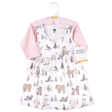 Hudson Baby Girls' Cotton Dress And Cardigan Set, Winter Forest, 0-3 Months