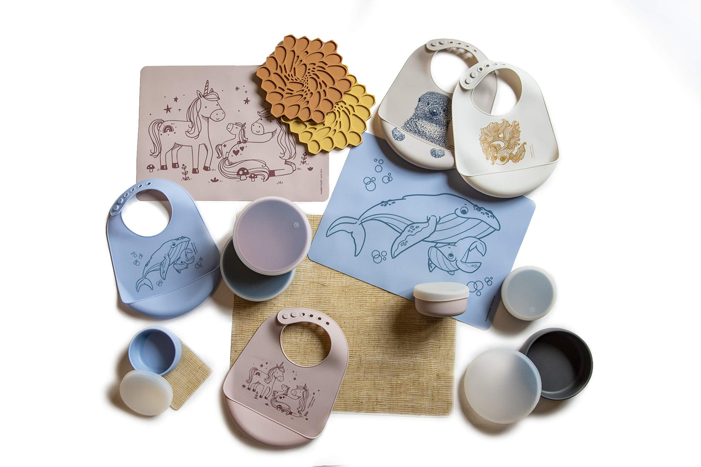 Modern-Twist Bucket-Bib 100% Food-Grade Silicone, Waterproof And Reusable, Goldfish - Cloud