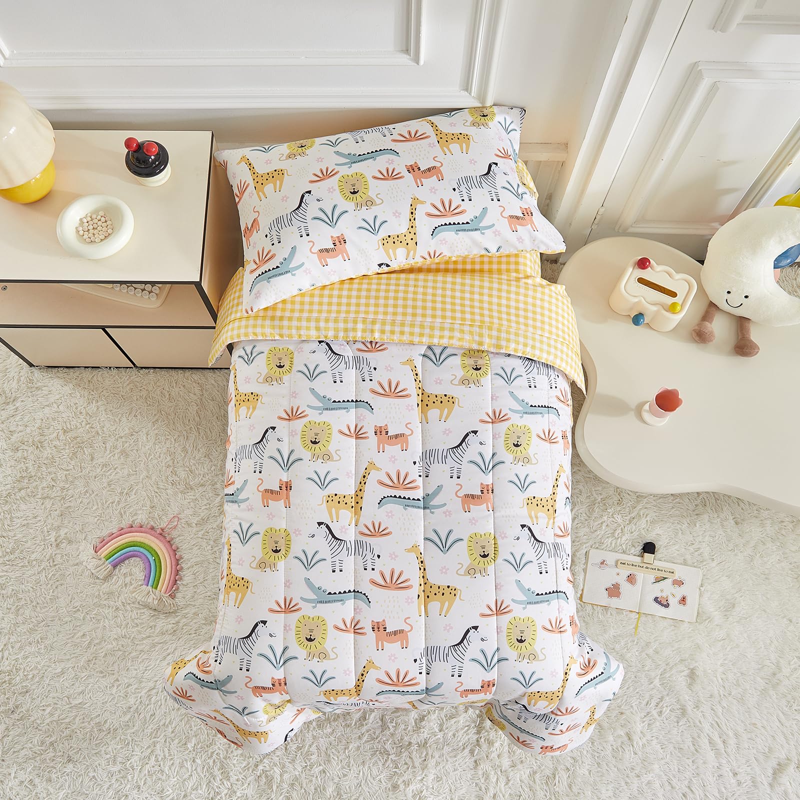 Joyreap 4 Piece Toddler Bedding Set- Cartoon Zoo Theme Animals Beige Design, Microfiber Toddler Bedding Comforter Set For Kids B