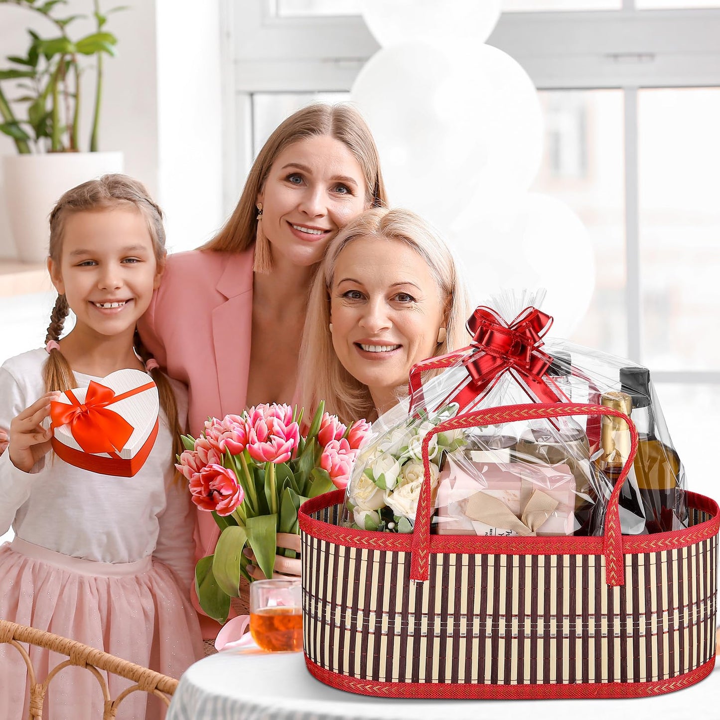 Reallnaive Baskets For Gifts Empty Large Woven Bamboo Basket For Valentine Baby Shower Birthday Party Empty Gift 15.75 X 7.87 X