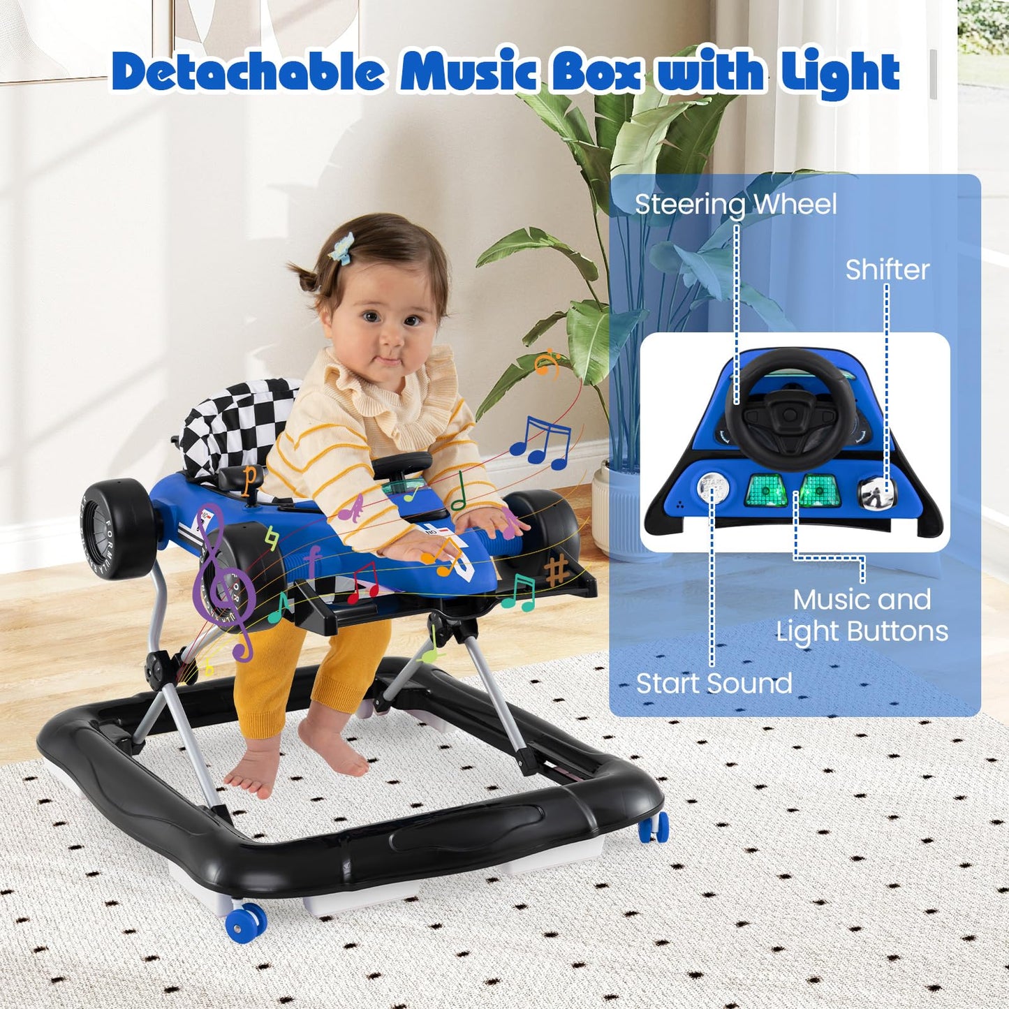 Honey Joy Baby Walker, 4-In-1 Foldable Infant Activity Push Walker, Toddler Car Walker With Adjustable Heights, Music, Lights, P