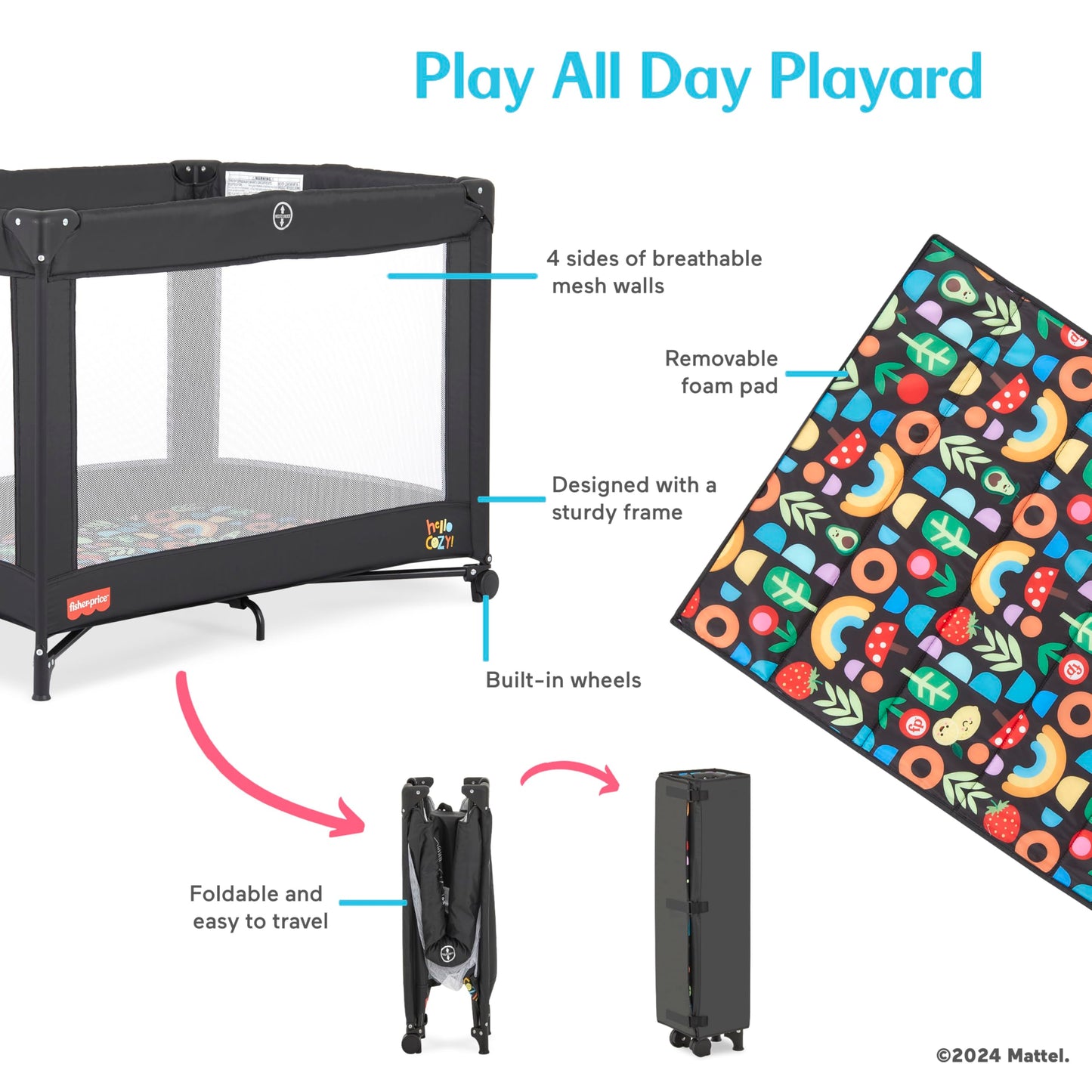Fisher-Price Play All Day Baby Playard In Black, No Tool Assembly, Easy One-Hand Fold Playard, Breathable Mesh Sides, Carry Bag