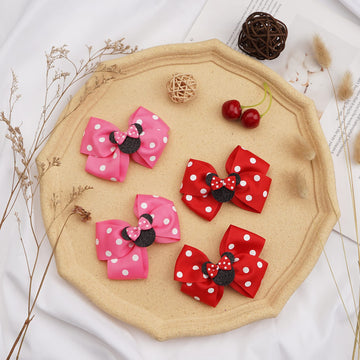 Ayesha Mouse Ears Hair Clips, 4Pcs Grosgrain Ribbon Mouse Bow Hair Clips, Polka Dot Bows For Girls, Hair Accessories For Baby Gi