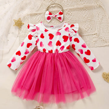 Sinhoon Baby Girls Valentine'S Day Outfits Long Sleeve Heart Print Tutu Skirts Ruffle Dress Toddler Girl Clothes(Rose Red,2-3T)