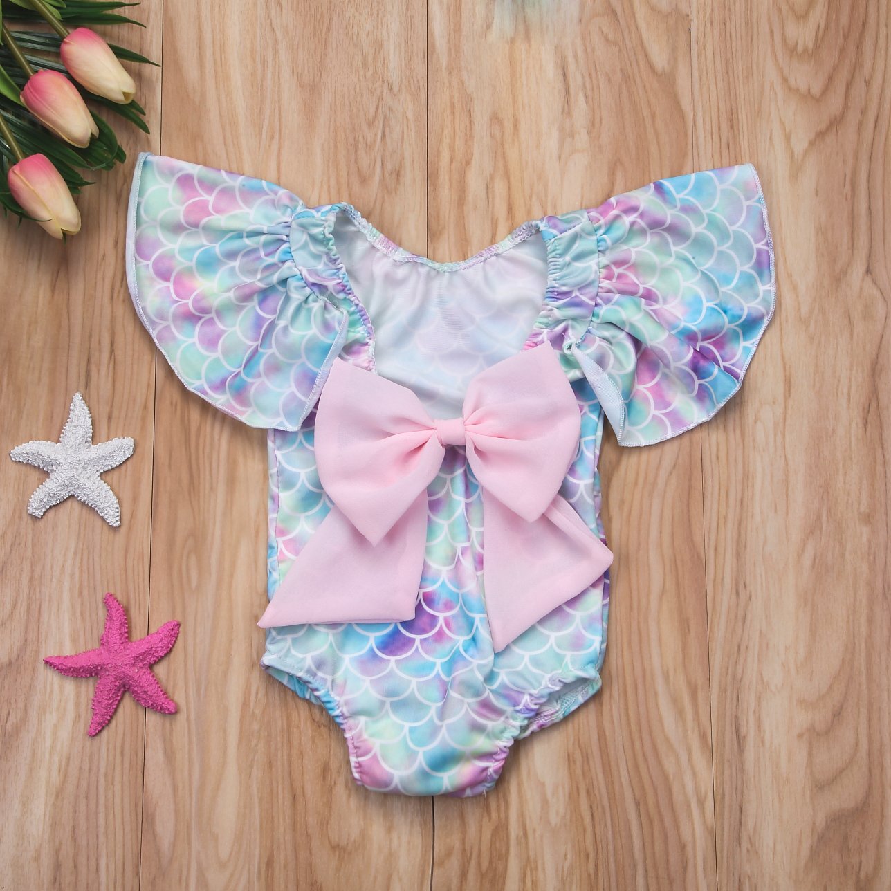 Enhill Toddler Infant Baby Girls Shiny Fish Scales Ruffles Sleeve Swimsuit One Piece Swimwear (2-3 Years) Colorful