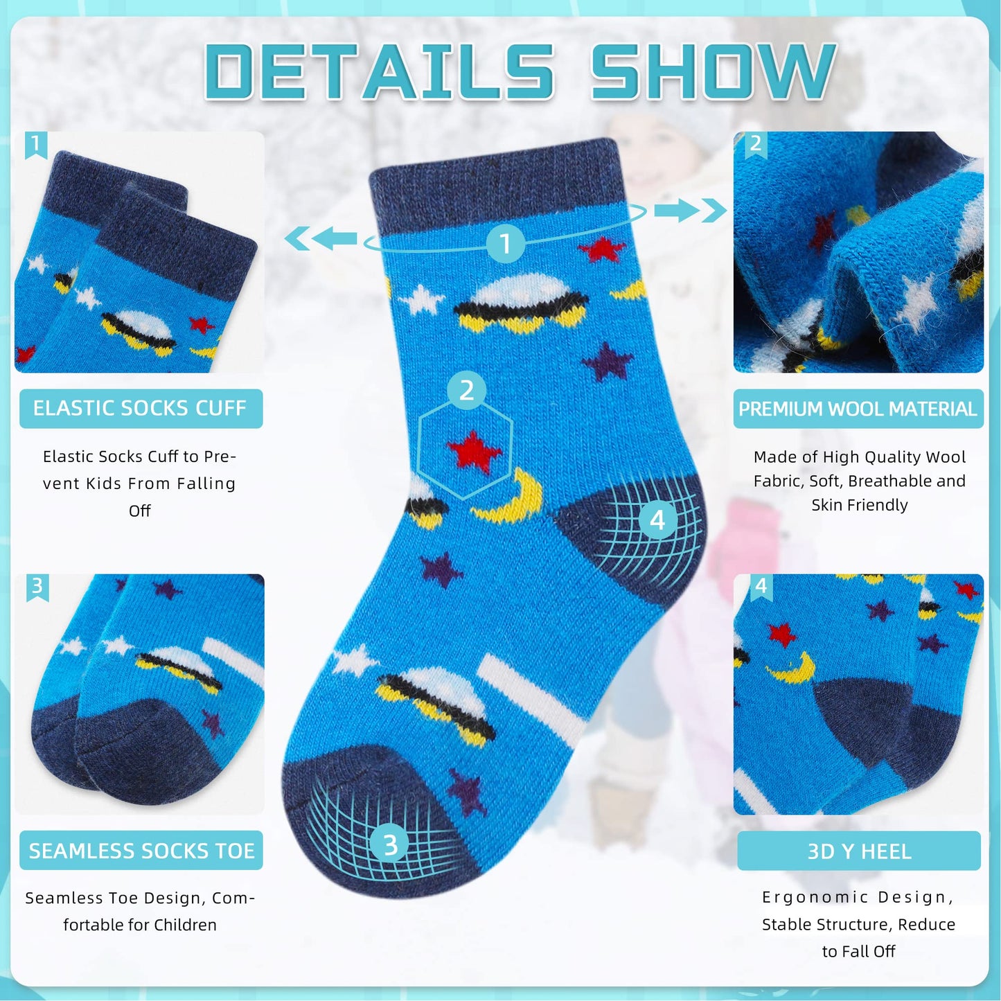 Eocom 6 Pairs Children'S Winter Warm Wool Animal Crew Socks Kids Boys Girls Socks (Car, 1-3T)