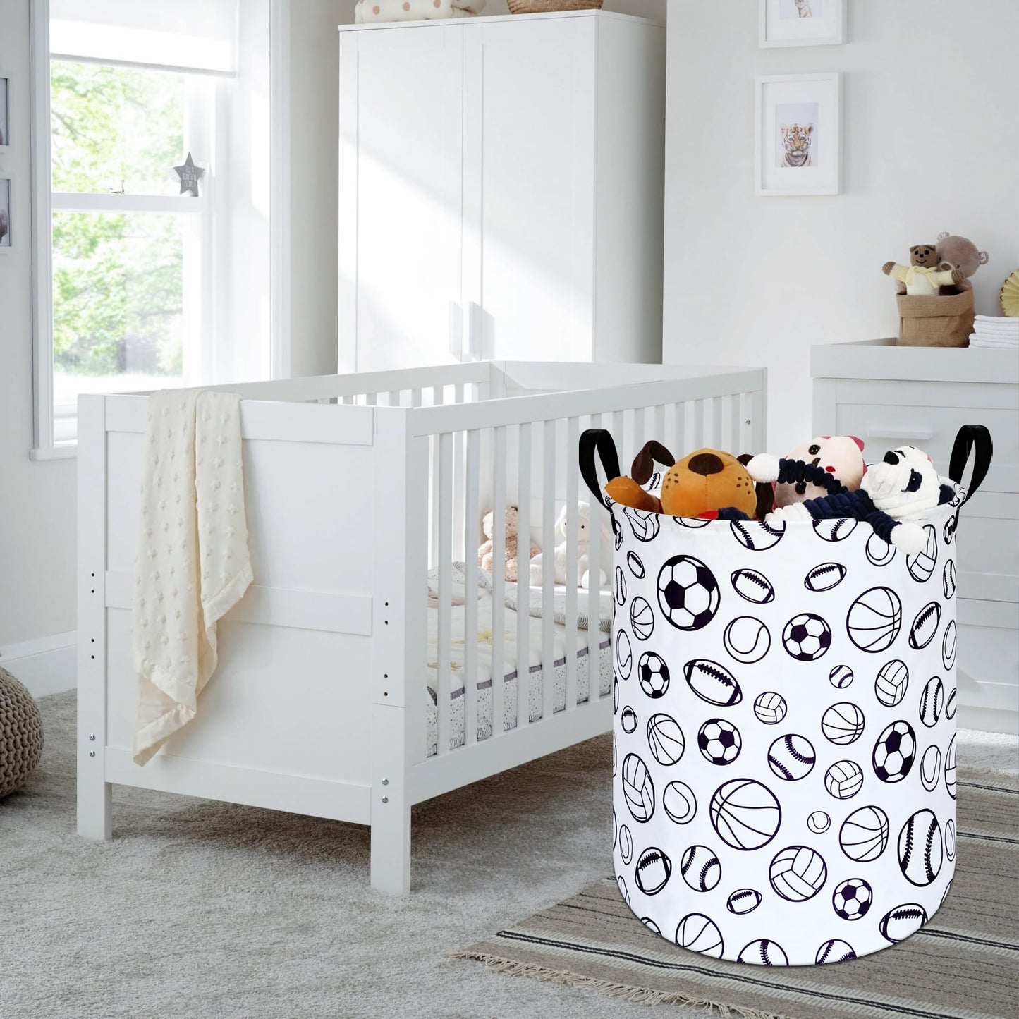 Kunro Large Sized Round Storage Basket Waterproof Coating Organizer Bin Laundry Hamper For Nursery Clothes Toys (Sports Ball)