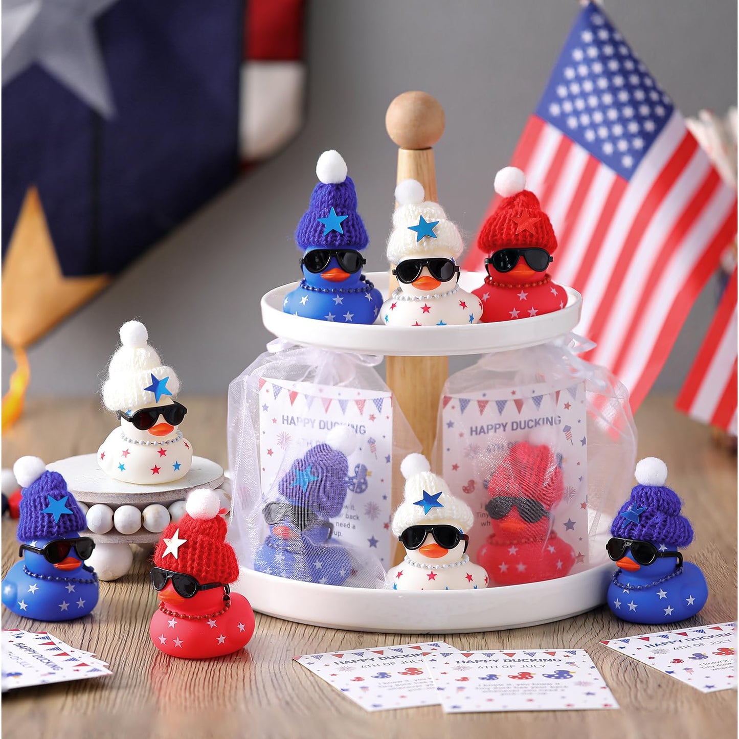 Lunmon 200 Pcs 4th of July Party Favor 50 Pcs Red White Blue Patriotic Rubber Duck 2 Inch Sunglass Independence Day Duck for Bat