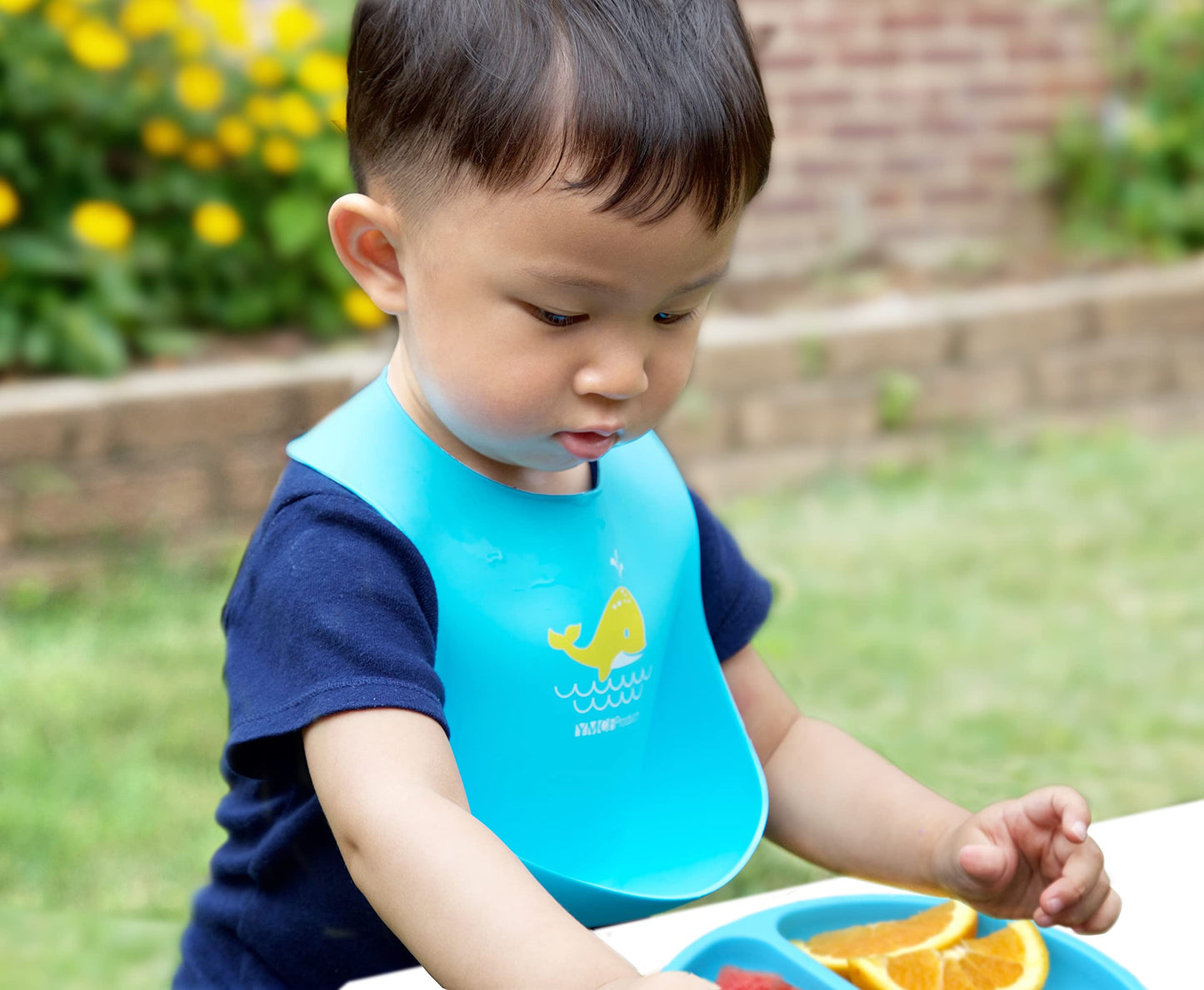 Ymcf Products 2-Pack Waterproof Silicone Baby Bib Lightweight Comfortable Easy-Wipe Clean (Green/Blue, Large)