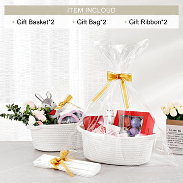 2 Pack Small Woven Basket With Gift Bags And Ribbons, Empty Decorative Gift Chest Box, Cute Baby Gift Basket For Nursery, Cotton