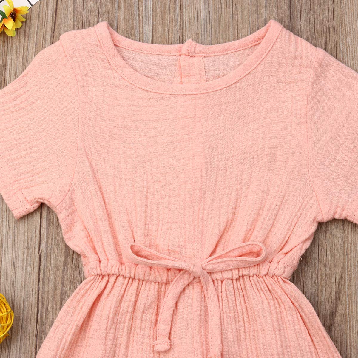 Mubineo Toddler Baby Girl Summer Fall Basic Plain Short Sleeve Cotton Linen Drawstring Romper Jumpsuit (Peach Pink, 6-12 Months)