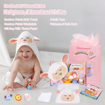 My First Noahs Ark 7 Pcs Baptism Gift Set, Dedication, Christening And Baptism Gifts For Girl And Newborn Baby, Includes Washclo