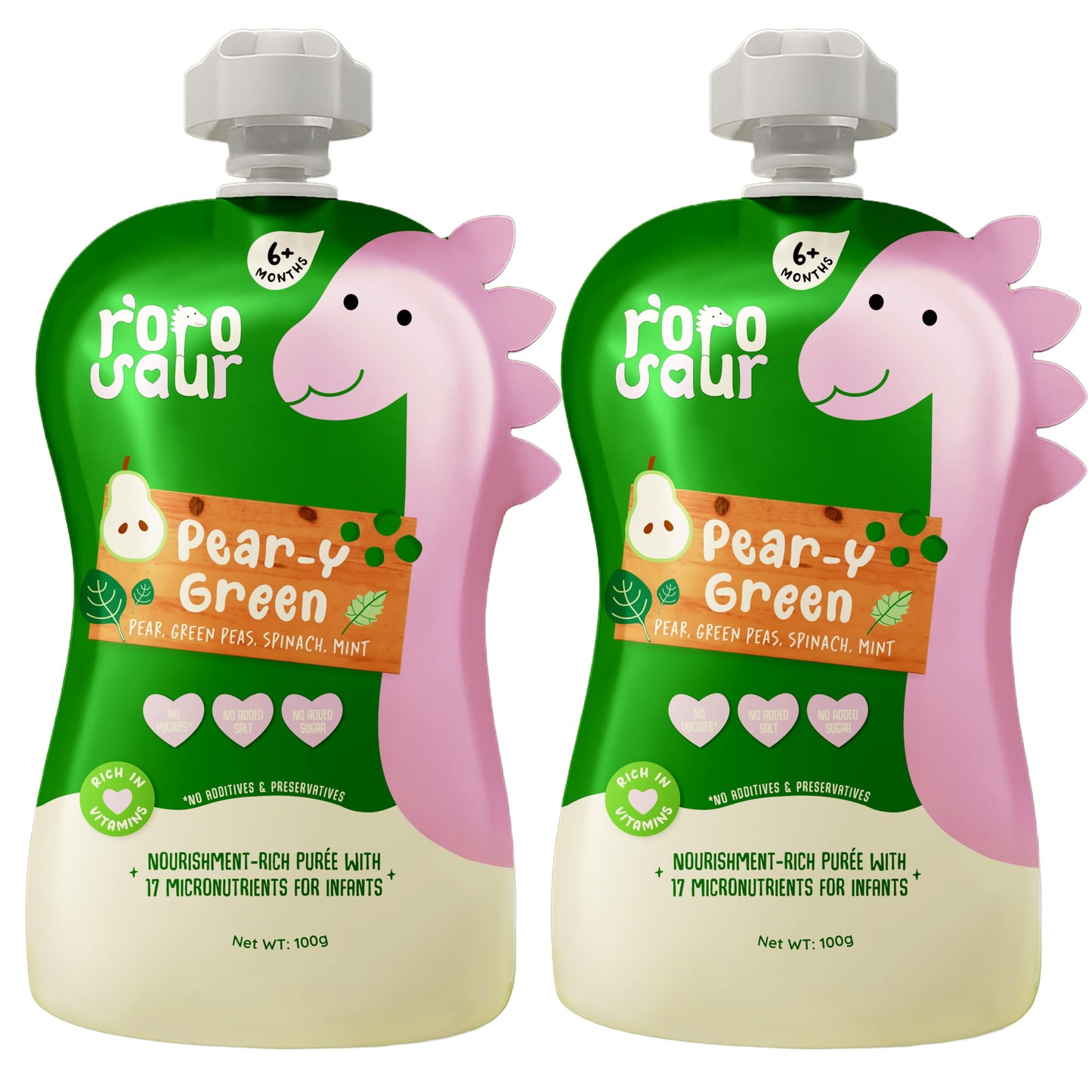 Rorosaur Ready To Eat Fruit & Veggie Baby Food Puree Pouch For 6+ Months Baby 100G Each, Pk Of 2 | Made With Spinach, Pear & Pea
