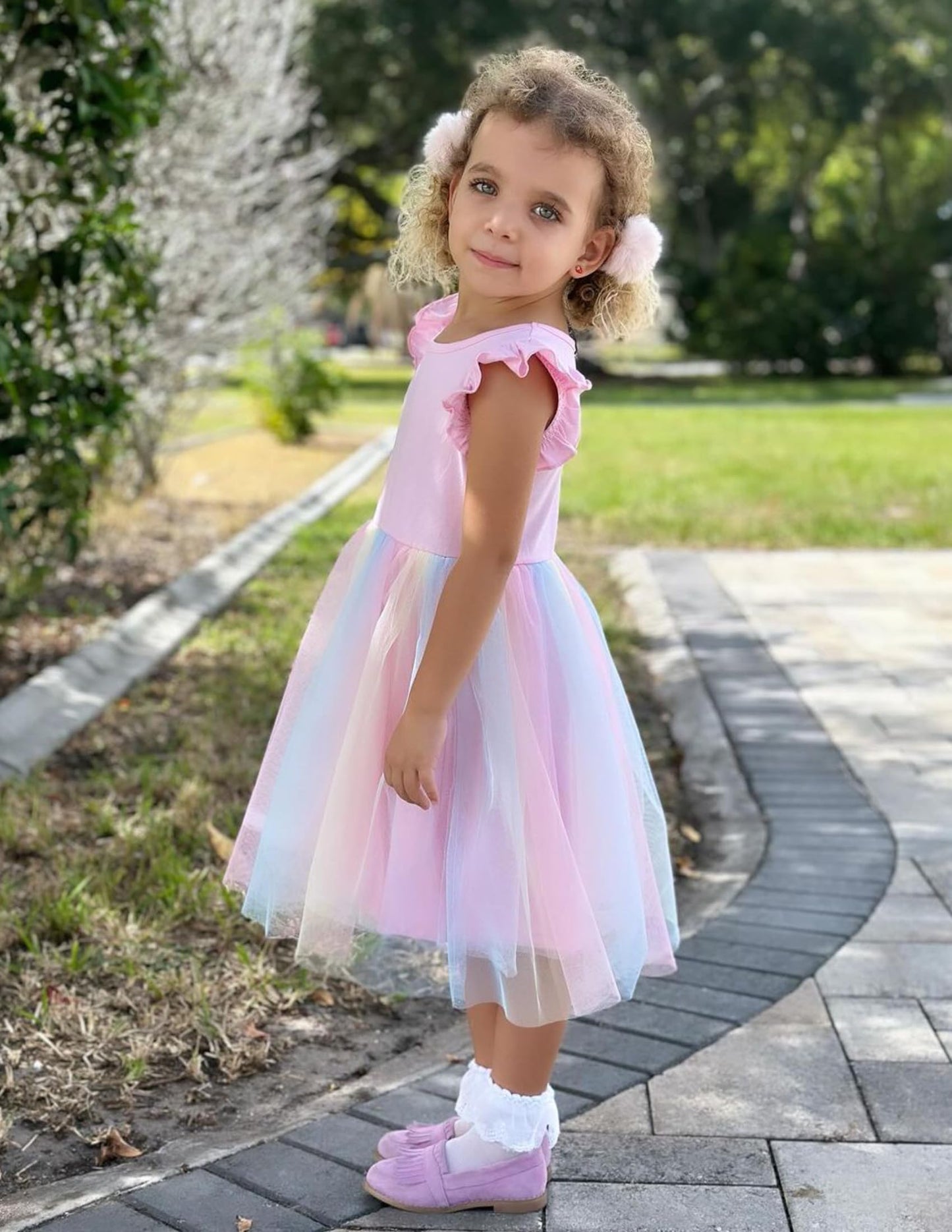 Flypigs Toddler Tutu Dress Girls Fluffy Summer Dresses Cute Pink Rainbow Flower Valentine Pageant Dress For 2 Years