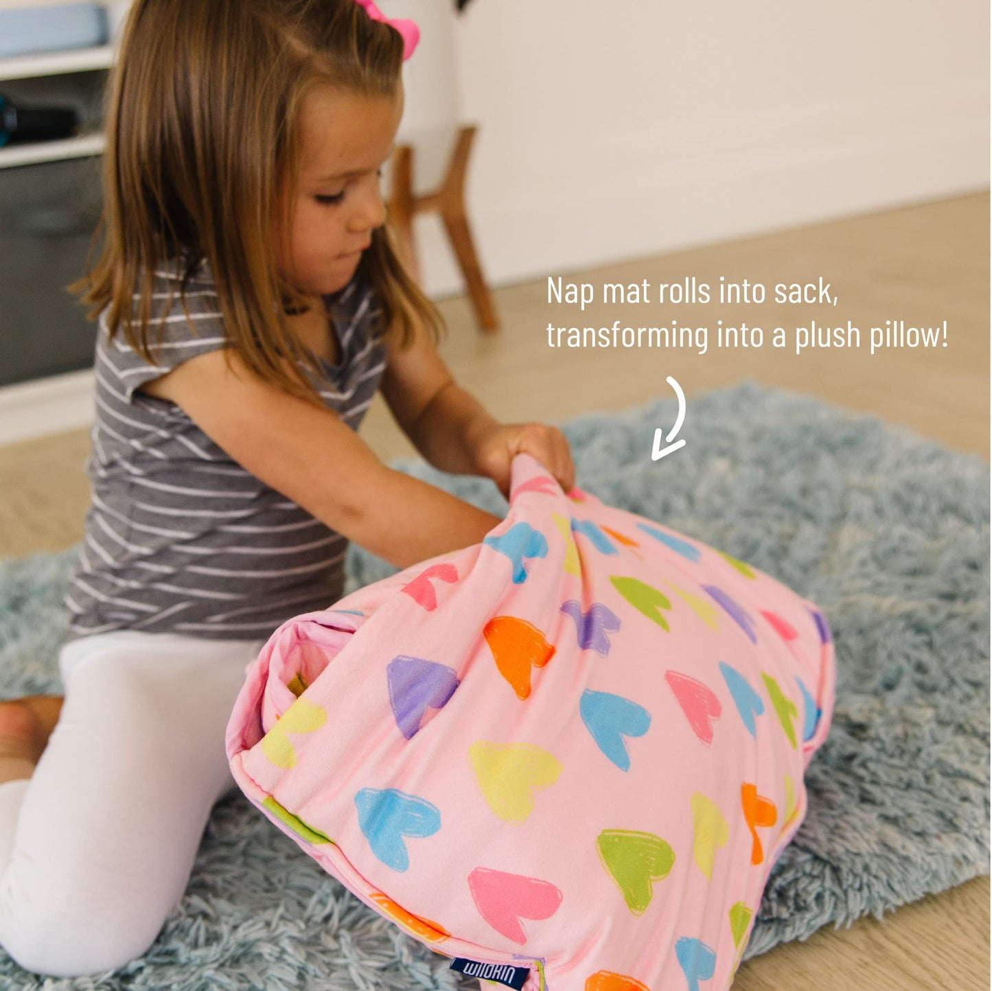 Wildkin Kids Plush Nap Mat - Soft, Cozy, Convenient For Daycare & Preschool - Pink Hearts