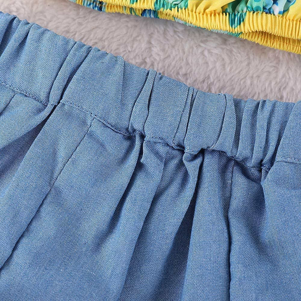 Kids Baby Girls Outfits Floral Ruffle Off Shoulder Crop Tops + Bowknot Denim Shorts Skirt Set Toddler Summer Clothes (Blue, 6-7