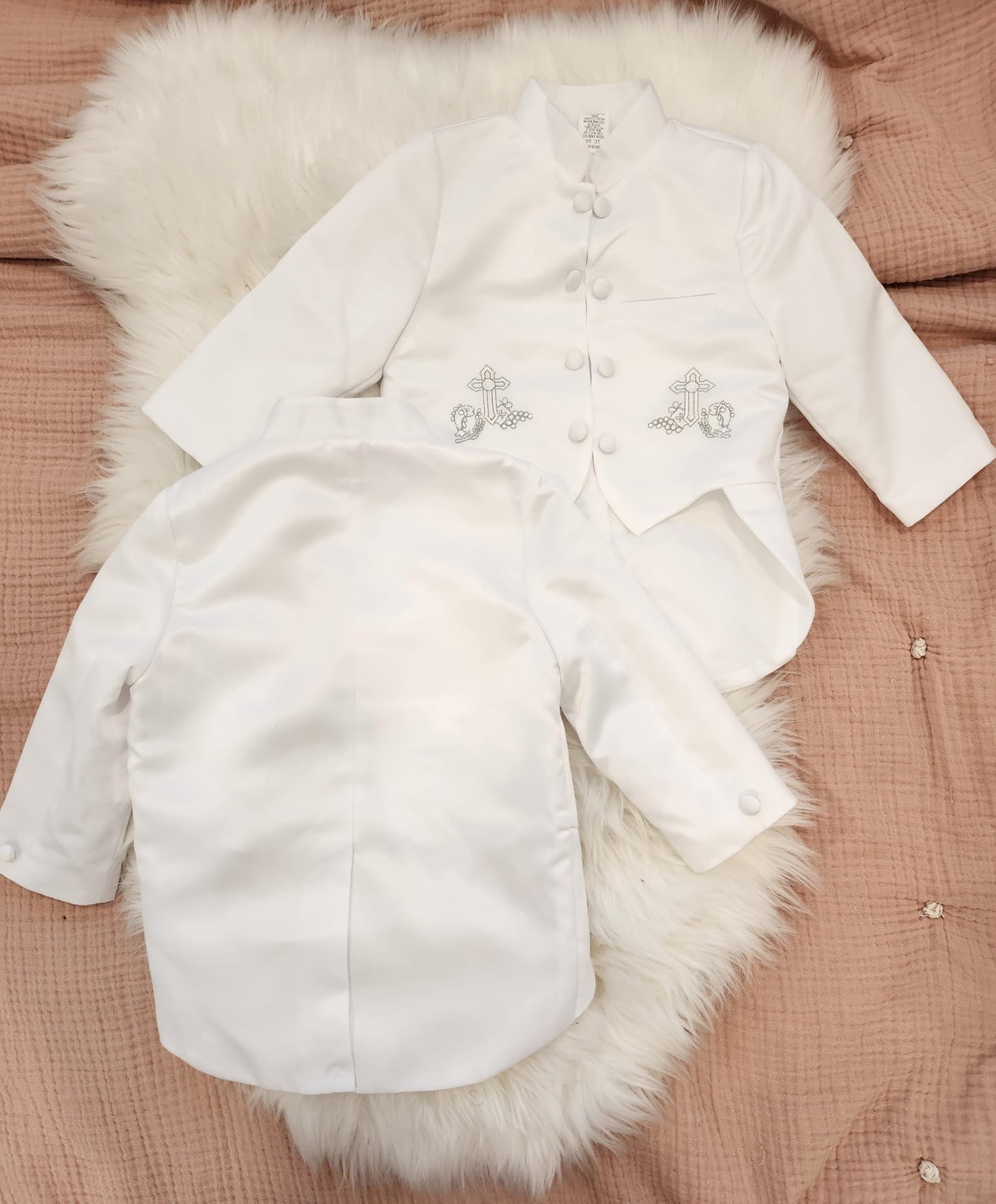 Igirldress Little Boys White Baptism Christening Mandarin Collar Tail 5 Pcs Tuxedo With Gold Cross Embroidery Size 5
