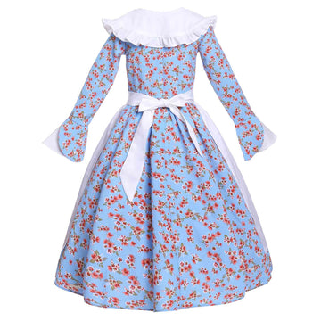 Vibsion Girls Prairie Pioneer Costume Pilgrim Dress Kids Floral Colonial Village Girl Costume Bonnet Apron Set Blue Xxl