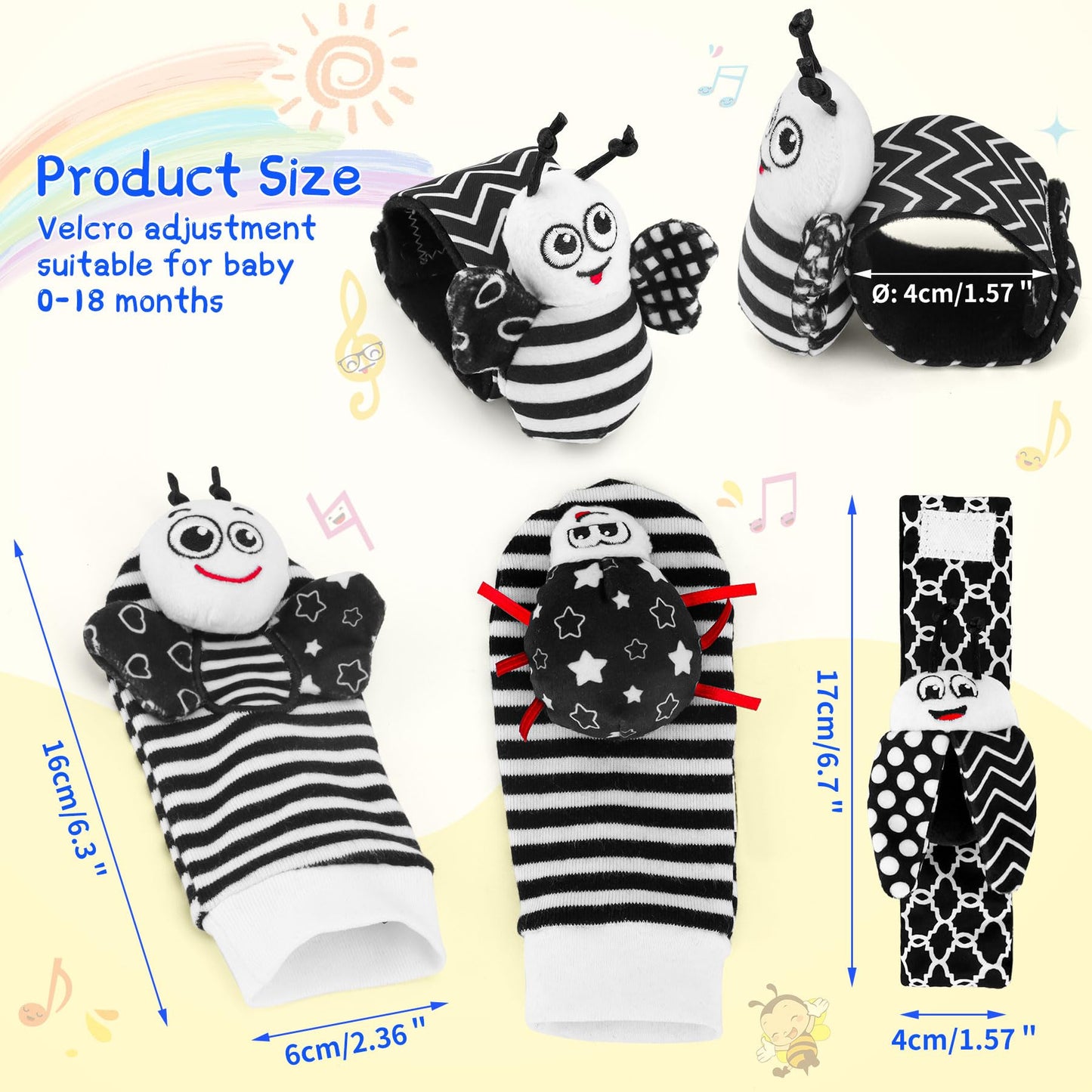 Baby Toys 0-6 Months, 4PCS Foot Finders & Wrist Rattles for Infants Toys Black and White Sensory Toys Baby Essentials for Newbor
